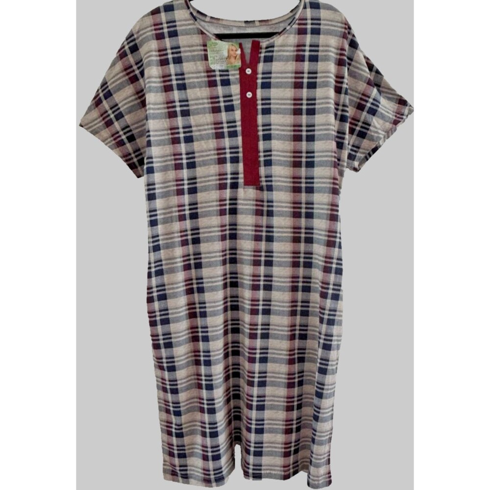Women L/XL Beige Print Cotton Midi Nightgown Short Sleeve Pockets Lounge Dress